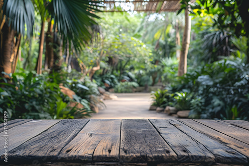 Wooden Tabletop Foreground, Blurred Zoo Ambiance Background photo
