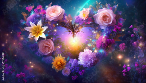 Flowers in the shape of heart, purple background
