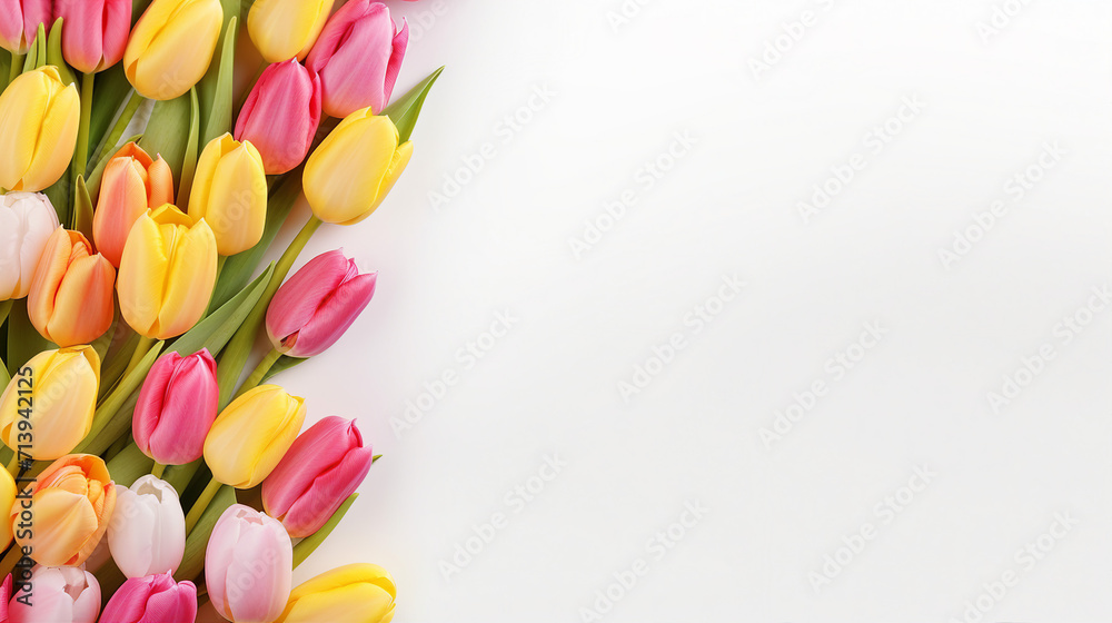 Colorful Tulips Blossoming in Spring Garden, Isolated on White Banner for Copy-Space – Vibrant Floral Nature for Text and Promotion Colorful Tulips Blossoming in Spring Garden, Isolated on White Banner for Copy-Space – Vibrant Floral Nature for Text and Promotion