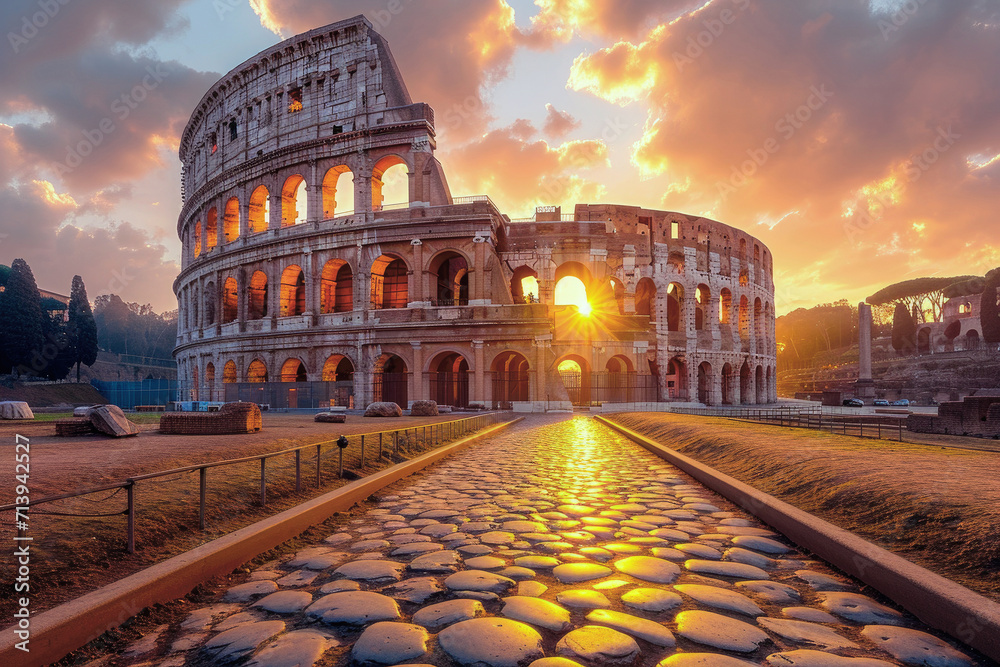Colosseum in Rome with sunrise sky