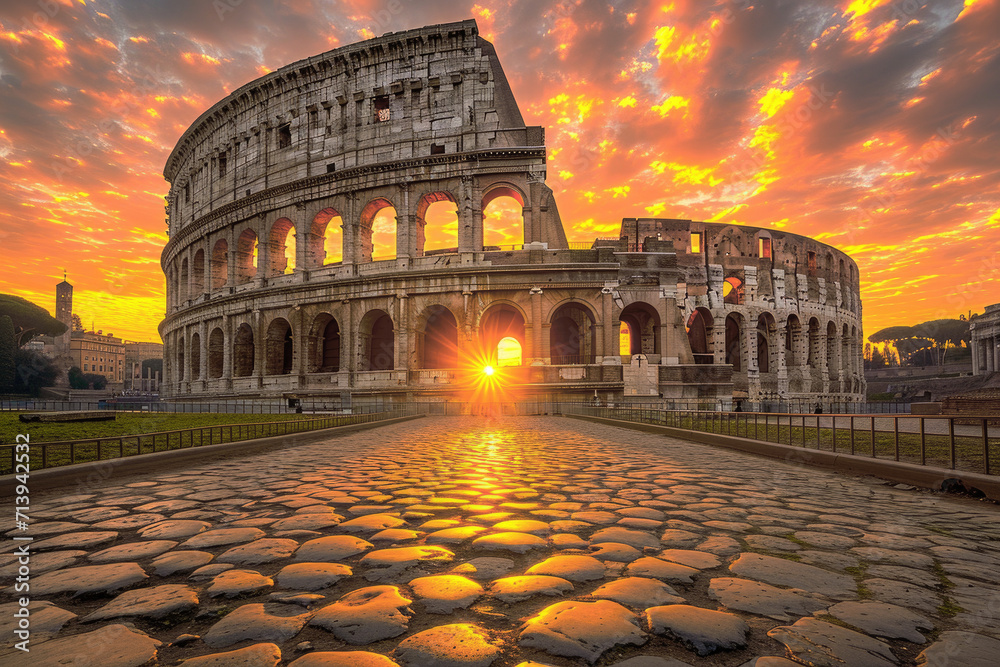 Majestic ancient Roman Colosseum with arched entrances