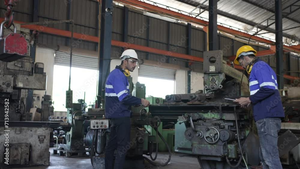Blue collar workers are working at metal factory. Blue collar workers are working at metal factory.
