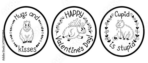 Set of doodle typographic stickers with capybara