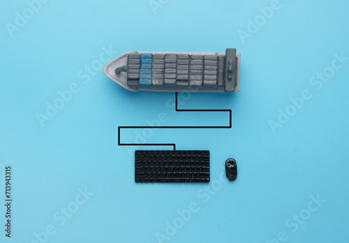 Flatlay picture of vessel shipment, keyboard and mouse. Vessel shipment booking. photo