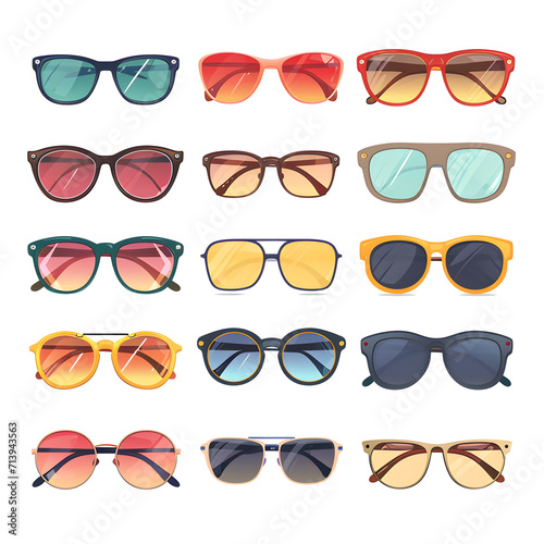 Collection of different sunglasses styles isolated on white background, cartoon style, png 