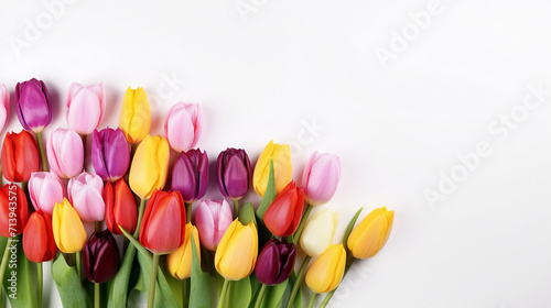 Colorful Tulips Blossoming in Spring Garden, Isolated on White Banner for Copy-Space – Vibrant Floral Nature for Text and Promotion © Sunanta