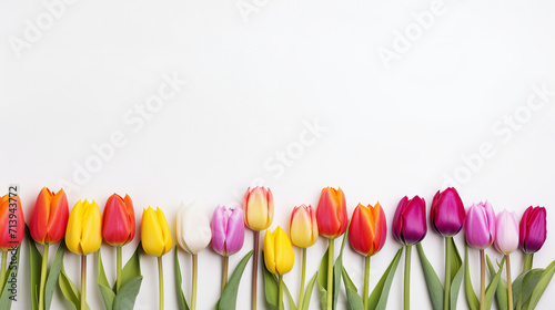 Colorful Tulips Blossoming in Spring Garden  Isolated on White Banner for Copy-Space     Vibrant Floral Nature for Text and Promotion