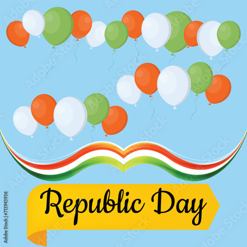 Republic Day Revelry: Balloons And Tricolor Waves, This festive vector celebrates Republic Day with a sky-blue background hosting a flurry of tricolor balloons. An artistic representation of the India