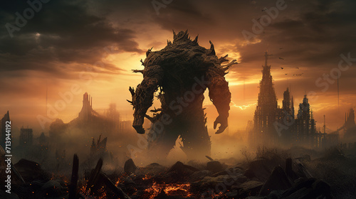 Giant monster over the destroyed city. Mythical giant attack