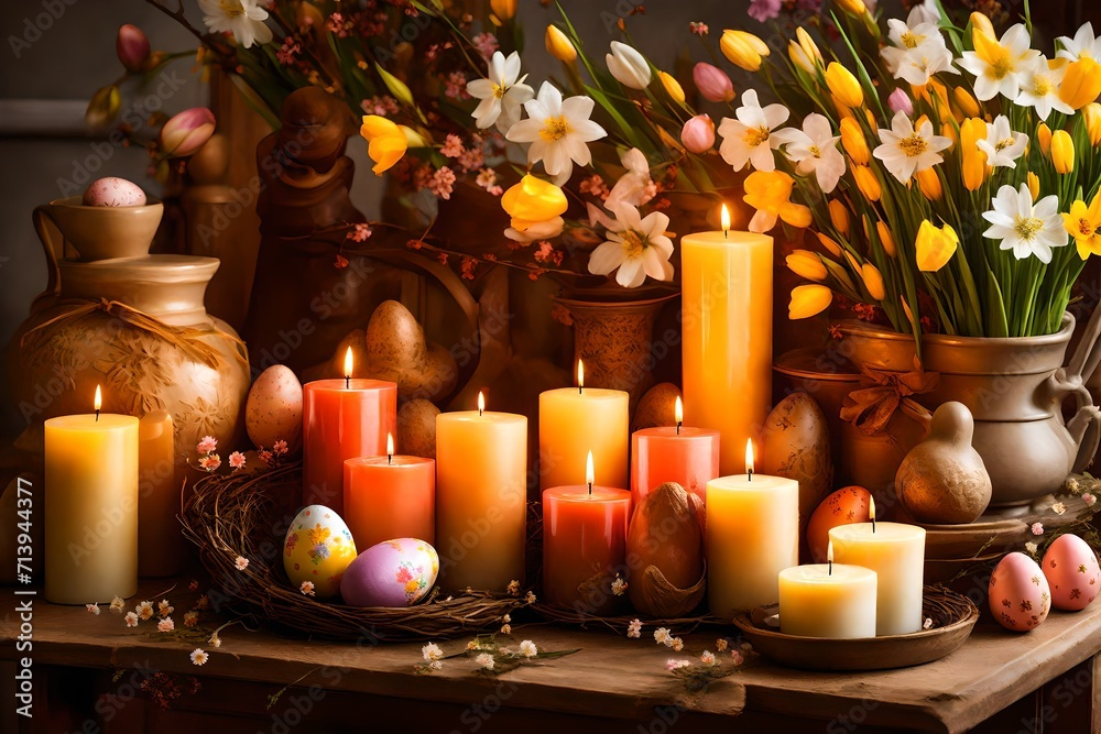 A collection of Easter-themed candles arranged on a mantel, casting a warm glow against a background of blooming spring flowers. The scene exudes coziness and charm.