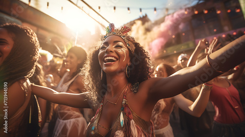 Pessoas sorridentes fantasiadas se divertindo no carnaval: Uma Explosão de Alegria e Cores, AI Generativa	
 photo