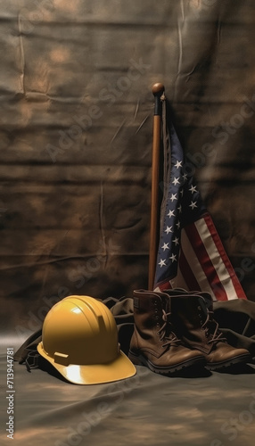 Photograph of the American flag, safety helmet and workers shoes