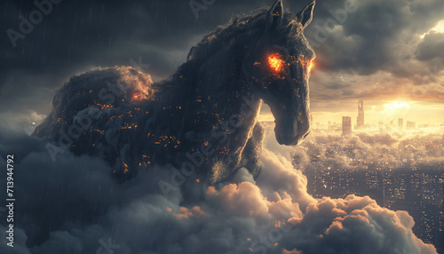 Majestic Fiery Horse Over Urban Sunset © Mathieu