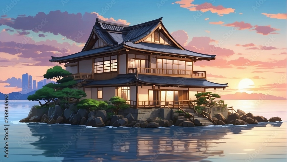 A charming depiction of a beautiful house by the sea in the late evening, presented in a cartoonish art style with a cozy, lofi Asian architecture vibe A charming depiction of a beautiful house by the sea in the late evening, presented in a cartoonish art style with a cozy, lofi Asian architecture vibe