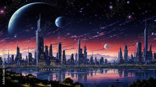 Retro futuristic city in the old school sci-fi art scene. Retro space landscape with city