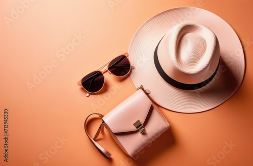 hand bag, hat, sunglasses on peach color background, flatlay, top view. summer fashion accessories.