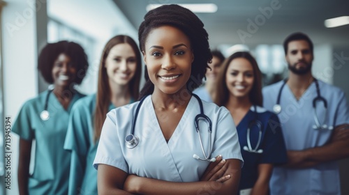 Portrait of a smiling african american female doctor standing with her colleagues in the background Generative AI