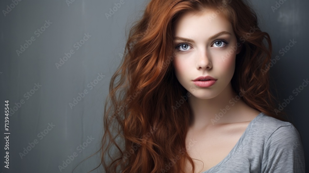 Portrait of beautiful young woman with long red hair. Studio shot. Generative AI Portrait of beautiful young woman with long red hair. Studio shot. Generative AI