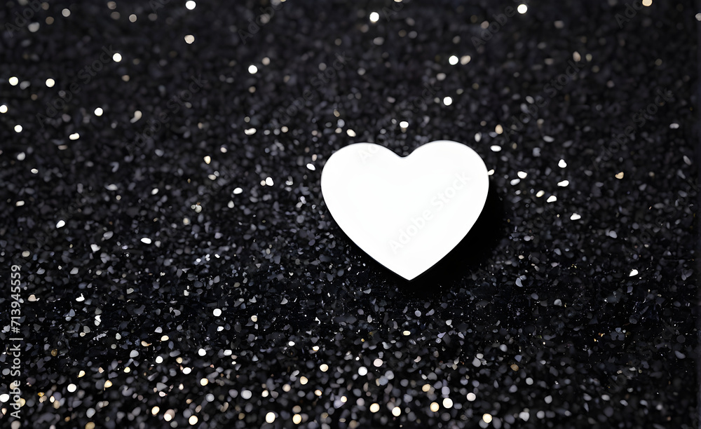 A small white heart on a sparkling black background. Generative AI