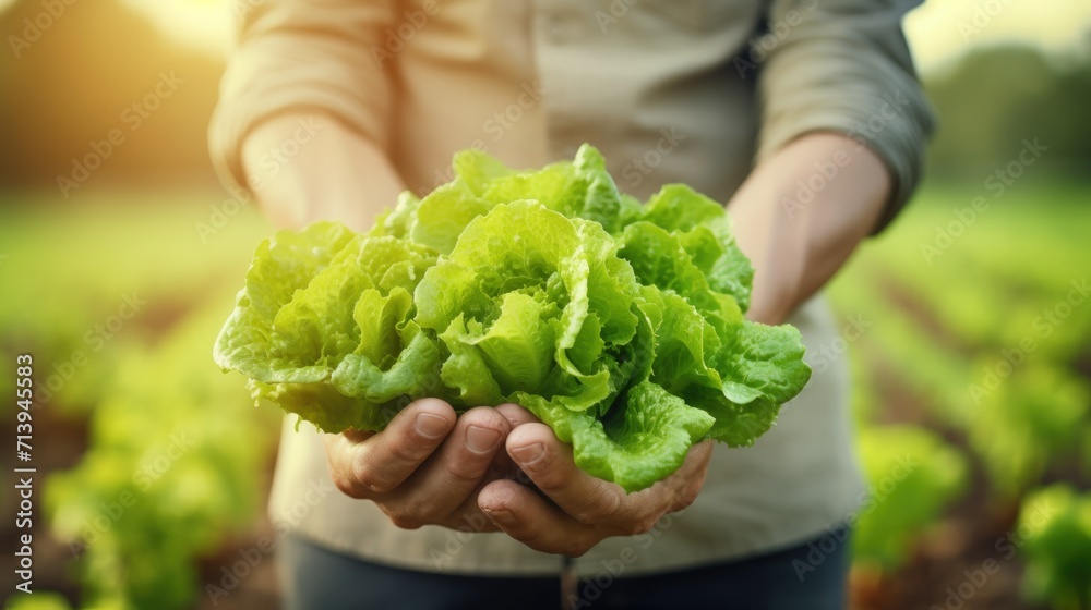 Close-up of female hands holding fresh lettuce in the field. Generative AI