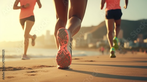 Runner athlete running on beach. woman fitness jogging workout wellness concept. Generative AI