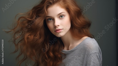 Beautiful young woman with long curly red hair. Studio shot. Generative AI