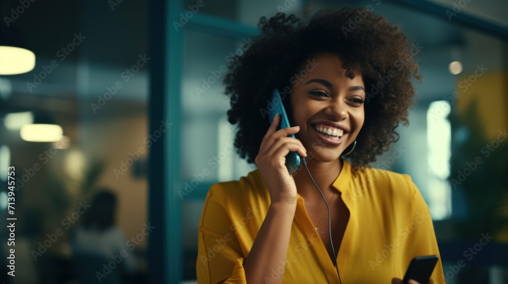 Cheerful african american businesswoman talking on phone and smiling while standing in office Generative AI - obrazy, fototapety, plakaty 