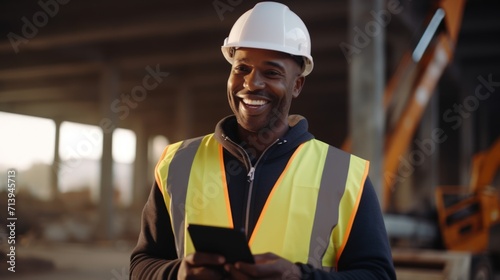 smiling african american worker in hardhat with smartphone at warehouse Generative AI