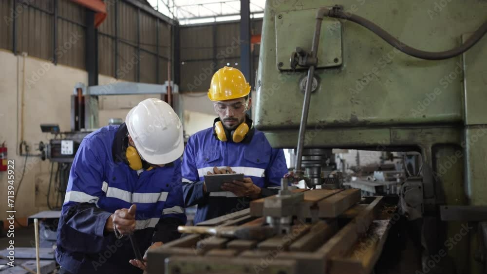 Blue collar workers are working at metal factory. Blue collar workers are working at metal factory.