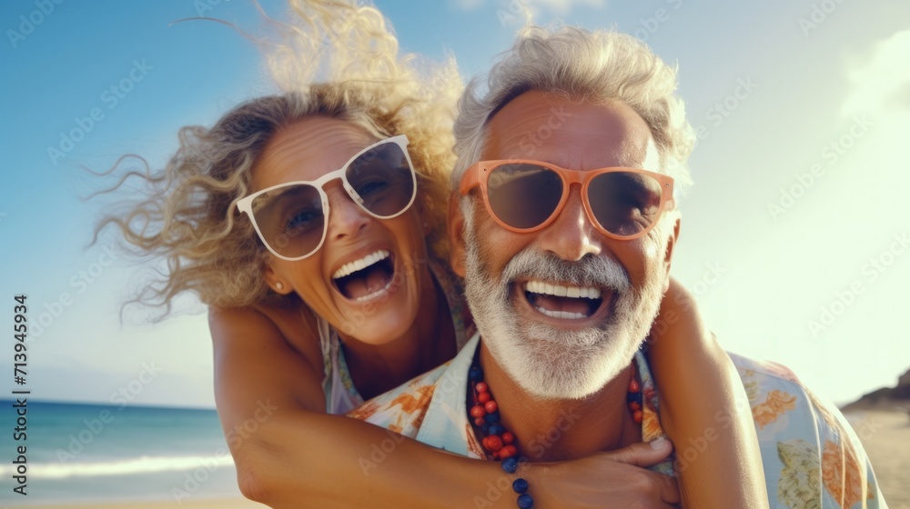 Portrait of happy senior couple having fun on the beach at the day time. Concept of friendly family. Generative AI