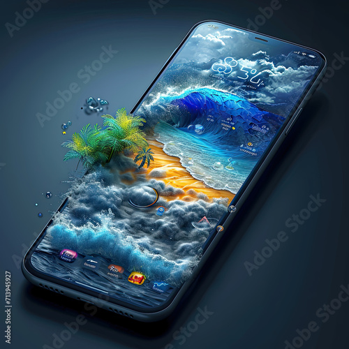 The 3D user interface interface combines  as natural elements such as beach, sea, palms , mountains, trees and clouds that come out of the cellphone