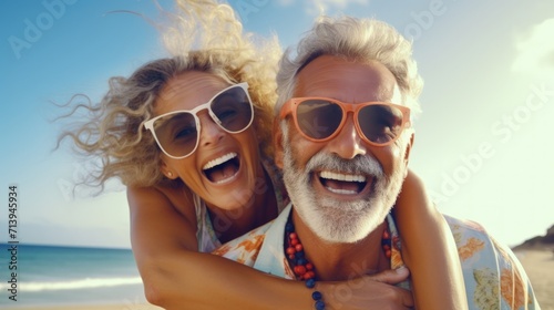 Portrait of happy senior couple having fun on the beach at the day time. Concept of friendly family. Generative AI © AlexandraRooss