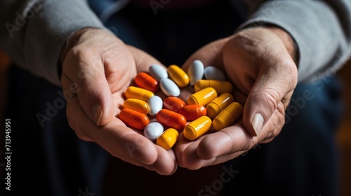 Hands of senior woman holding pills. Focus on foreground, shallow depth of field. Generative AI