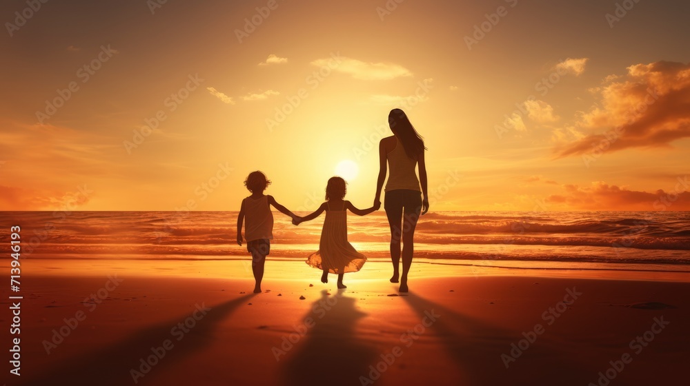 Mother and daughter on the beach at sunset. Concept of friendly family. Generative AI