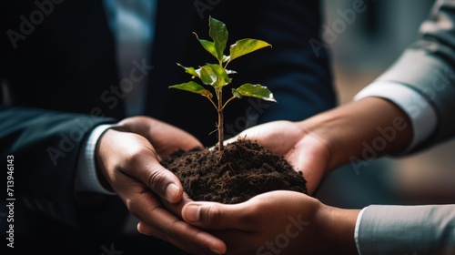 Close up of businessman and businesswoman hands holding small green sprout in soil Generative AI