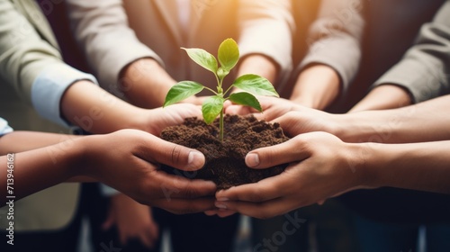 Close up of human hands holding green sprout in soil. Earth day concept Generative AI