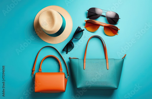 summer fashion flatlay composition. women hand bag, hat and sunglasses on blue background, top view
