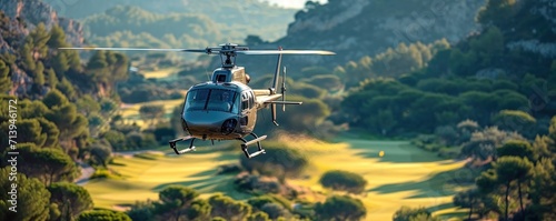 A modern helicopter flying above a vast beautiful golf course, sunny day