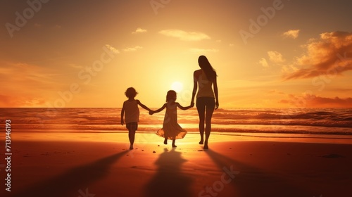 Mother and daughter on the beach at sunset. Concept of friendly family. Generative AI