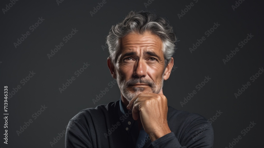 Portrait of a pensive mature man with grey hair, isolated on dark background Generative AI