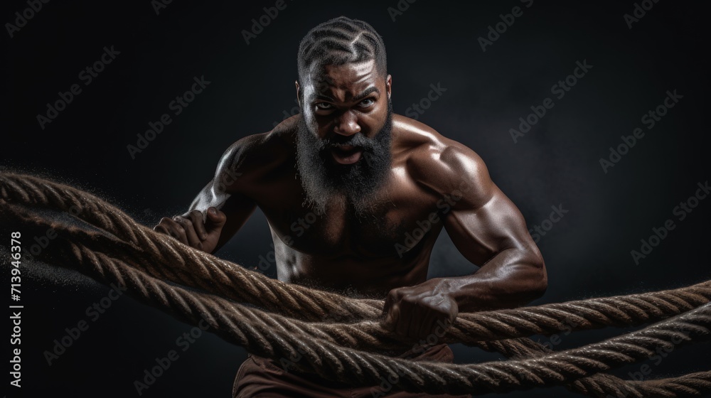 Portrait of a strong muscular man pulling rope on black background. Generative AI