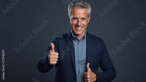 Handsome mature man showing thumbs up gesture on grey background. Generative AI photo