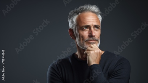 Thoughtful mature man with grey hair looking at camera and holding hand on chin Generative AI