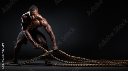 Muscular african american man working out with battle ropes on dark background Generative AI