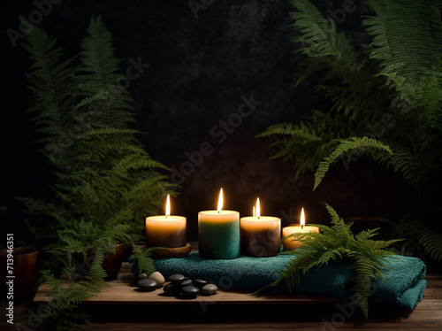 Create Your Oasis - Immerse in Serenity with a Hot Stone Massage Setting, Candlelit Ambiance, and a Towel on Fern. Discover Beauty Spa Treatment and Relaxation for One Person