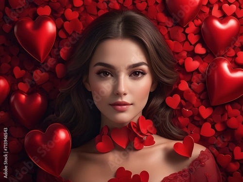 Portrait of woman with red heart,romantic valentines day background.