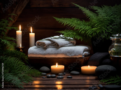Soothing Beauty Spa - Wooden Background, Towel, Candles, and Hot Stone Create the Perfect Ambiance for a Relaxing One-Person Massage Therapy with Candle Light