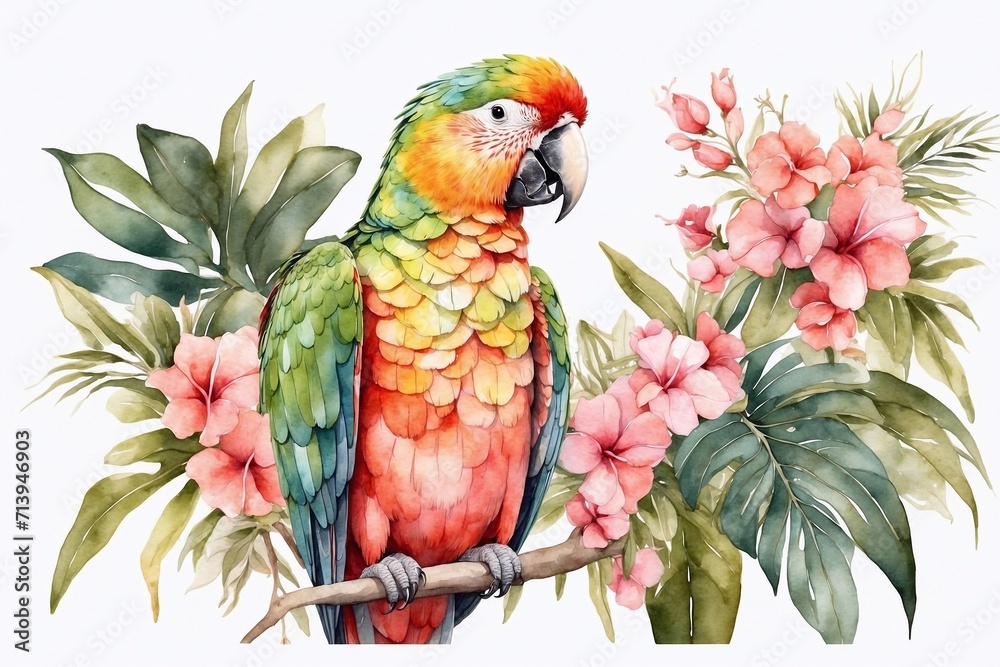 watercolor macaw parrot with tropical flowers, painting on white, perfect for cards and invitations
