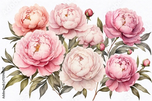 watercolor pink peonies, ideal for cards and invitations, flowers on white background