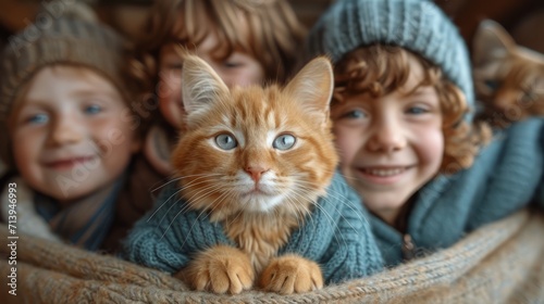 A close-up portrait of cheerful children playing with a red cat, expressing pure joy and happiness